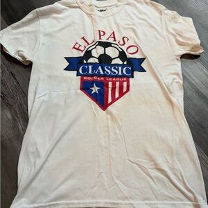 Gildan Cream T-Shirt with Red and Blue Accents